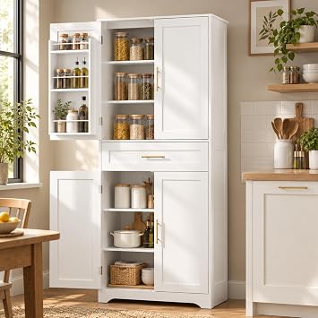 70.9" Tall Pantry Cabinet, Kitchen Pantry Storage Cabinet, Freestanding Food Pantry Cabinet with 4 Doors and Adjustable Shelves, Cupboard with Drawer for Kitchen, Living Room, White