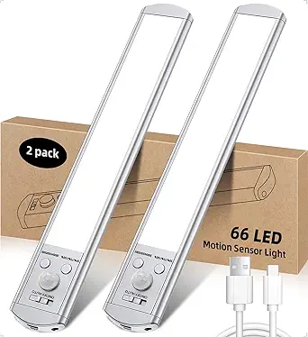 Under Cabinet Lights Motion Sensor: 66-Led Closet Light Wireless Magnetic Counter for Kitchen 1000mAh USB Rechargeable Led Wardrobe Stairs Hallway Indoor 9.0 inch 2Pcs