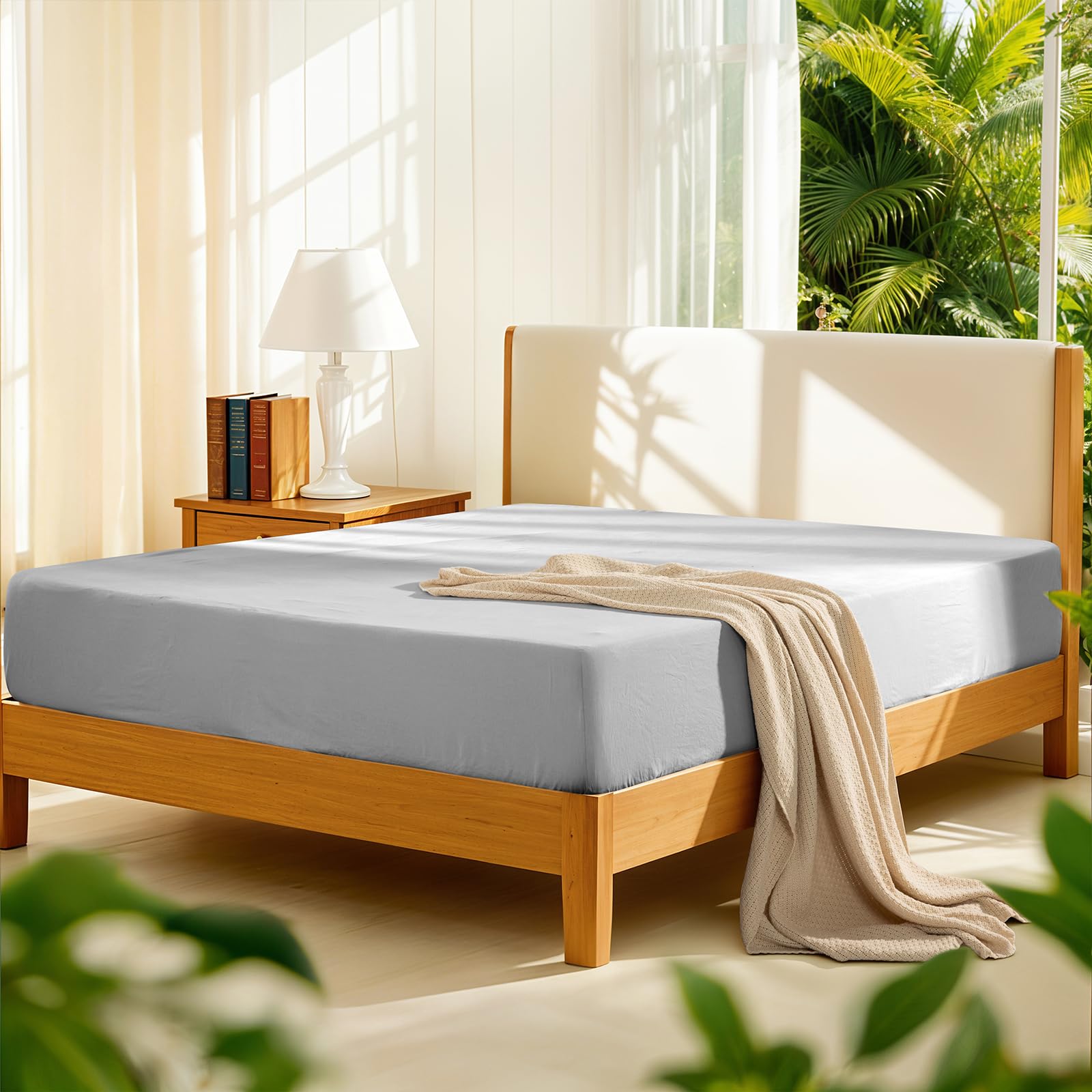Photo 1 of LBRO2M 100% French Linen Queen Fitted Sheet Only (1 Piece) 16 Inch Deep Pocket Premium Flax Linen Bottom Sheet Breathable, Soft, Durable Cozy All Season (Queen, Gray)