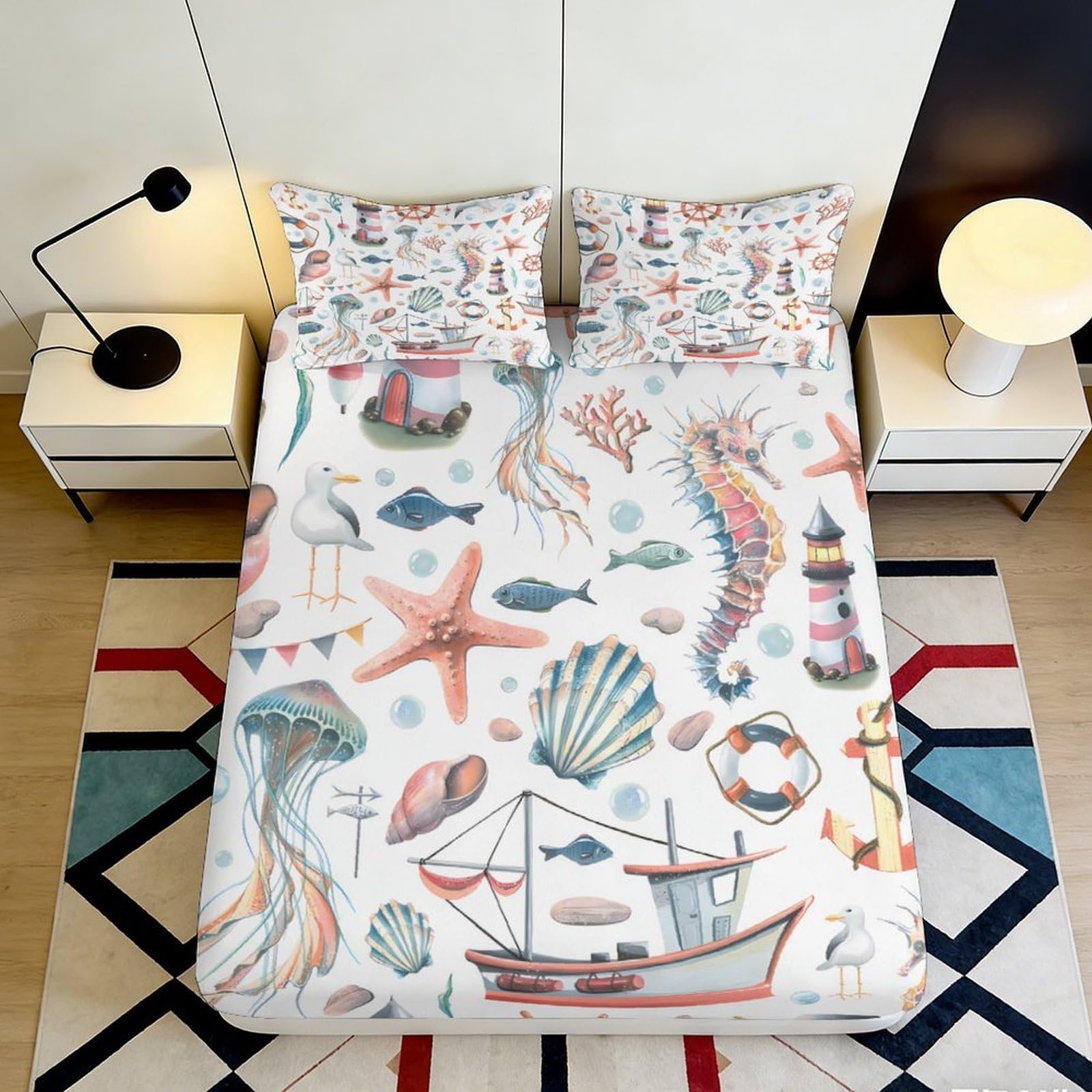 3D Printed Ocean Nautical Fitted Sheet Microfiber Soft Marine Life Mattress Cover for Bedroom Guest Room Decor 90x200x25cm