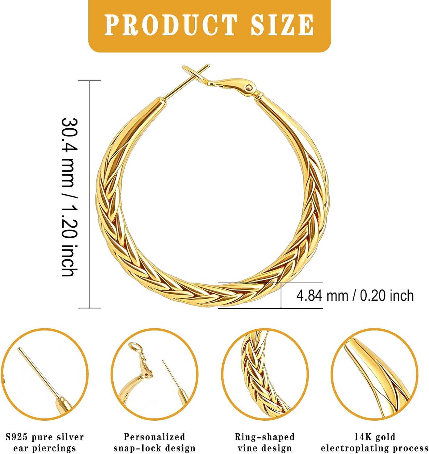 Gold Hoop Earrings, 14K Gold Plated Hoop Earrings for Women, Twisted Classic & Timeless Weave Design, Birthday/Valentine's/Mother’s Day Gifts (30MM)