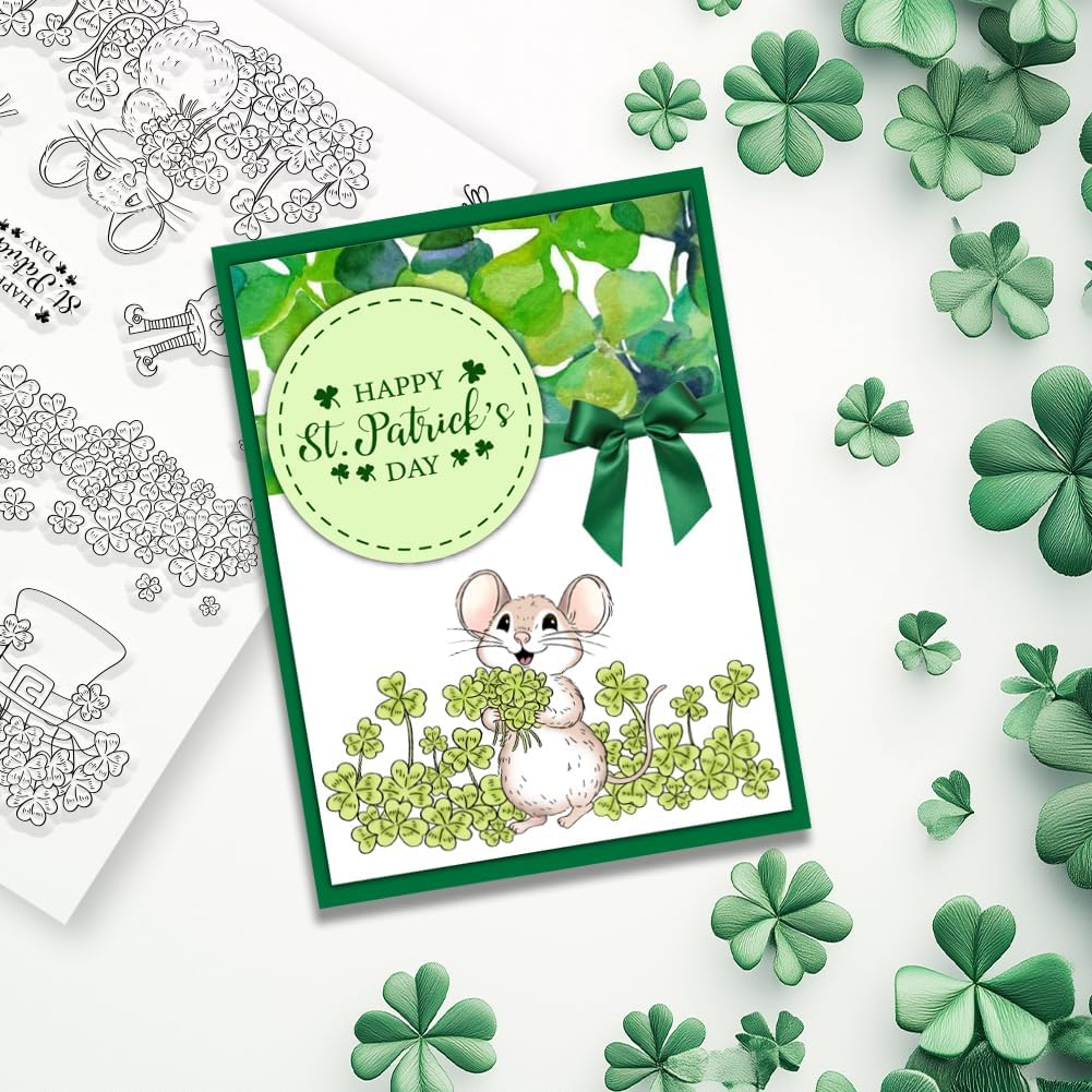 ORIGACH Saint Patrick's Day Shamrocks Mouse Clear Stamps for Card Making image 4