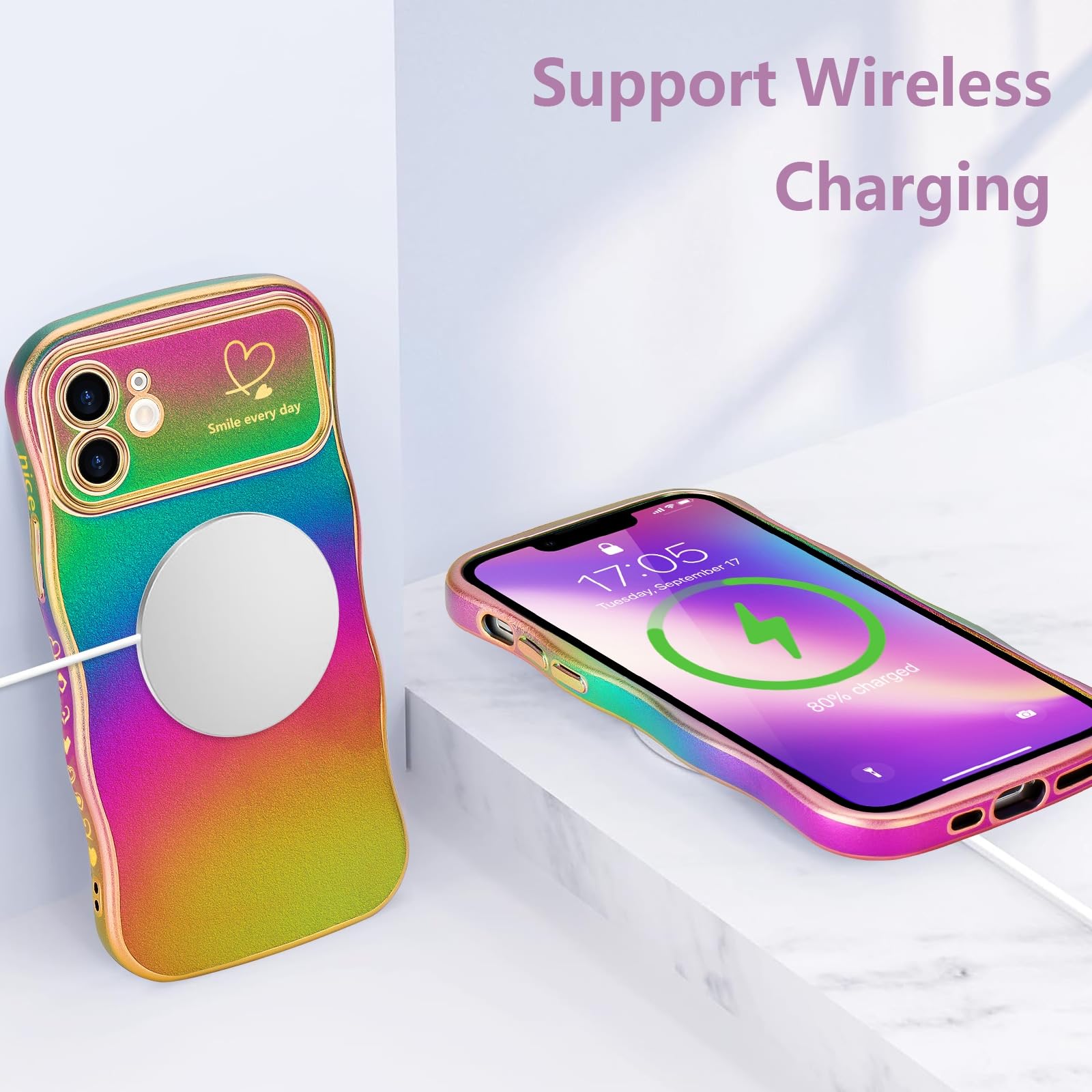 LCHULLE Custodia Per IPhone 14 A Forma Di Cuore, Design Ondulato Iridescente, Protezione Fotocamera, Silicone Morbido, Verde Chiaro - 6