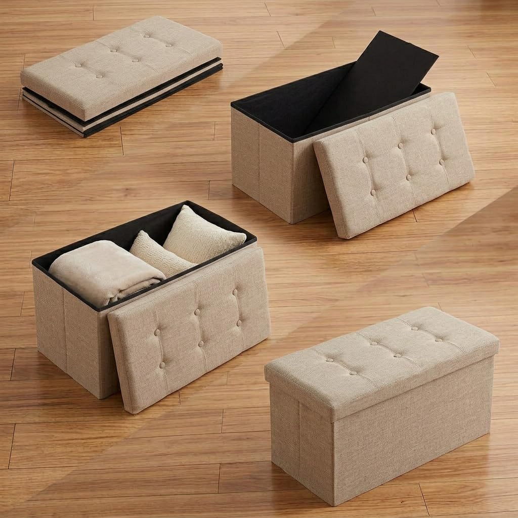 edihome, Puff Almacenaje Plegable, (38 x 76 x 38cm), Baul, Otomana con Tapa – Banco de Tela Organizador y Asiento para Dormitorio y Pie de Cama (Beige Tostado, 38 x 76 x 38 cm) — view 2