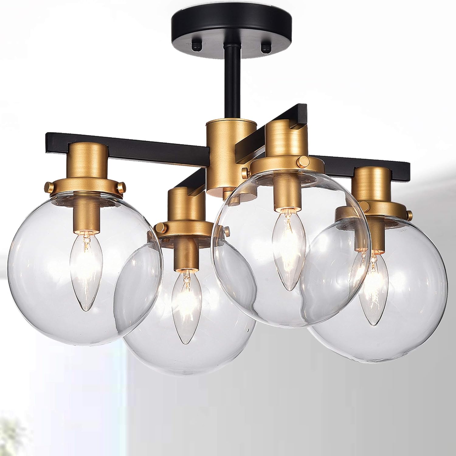 Warehouse of Tiffany CM084/4 Tegan Black & Gold 4 Ceiling Light with Glass Shades Flushmount