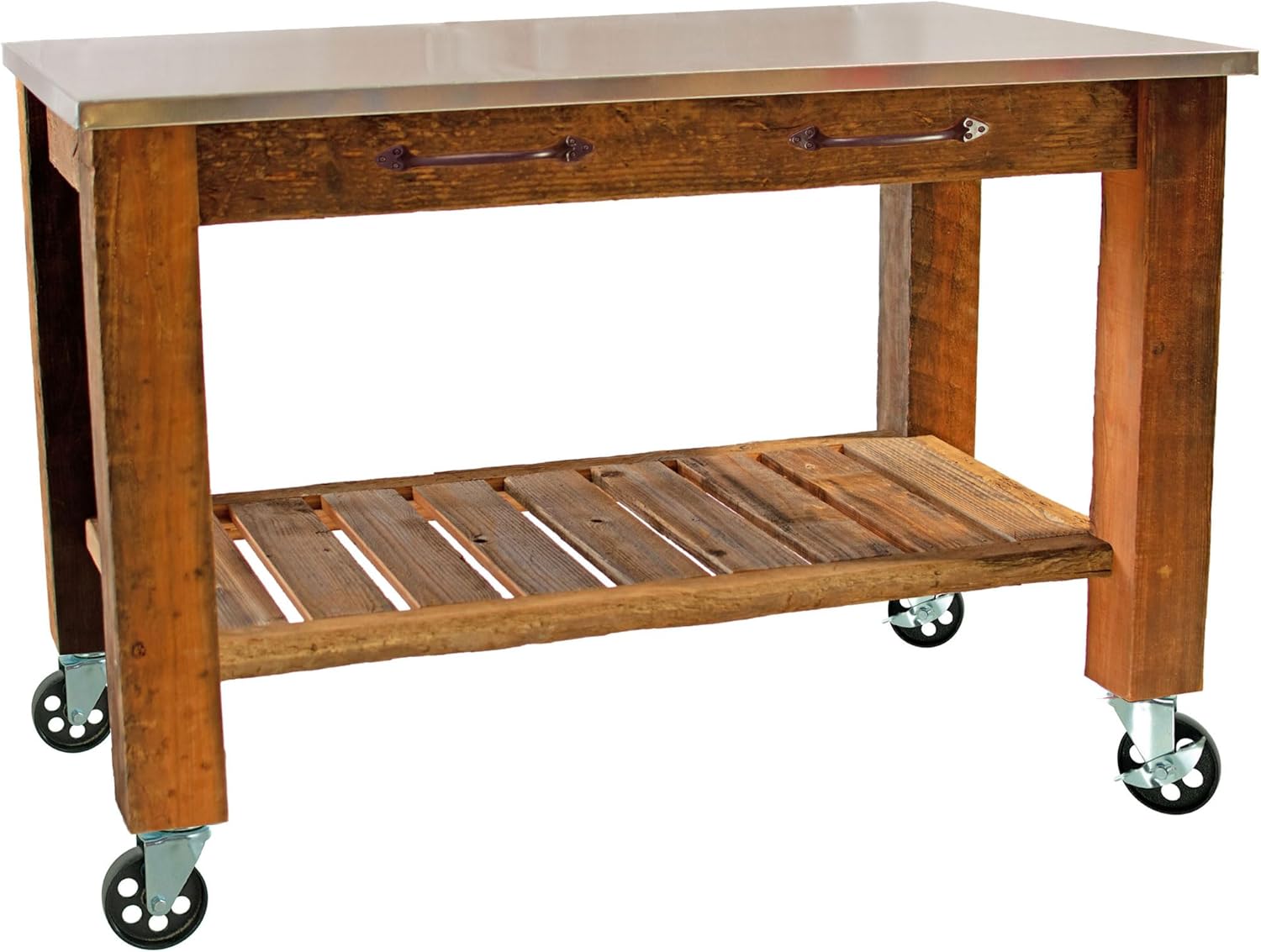 Redwood Potting Table Rolling Cart Swivel Cast Iron Wheels with Brakes Outdoor Garden Work Bench (with Drawer Pulls & 5in Black Casters)