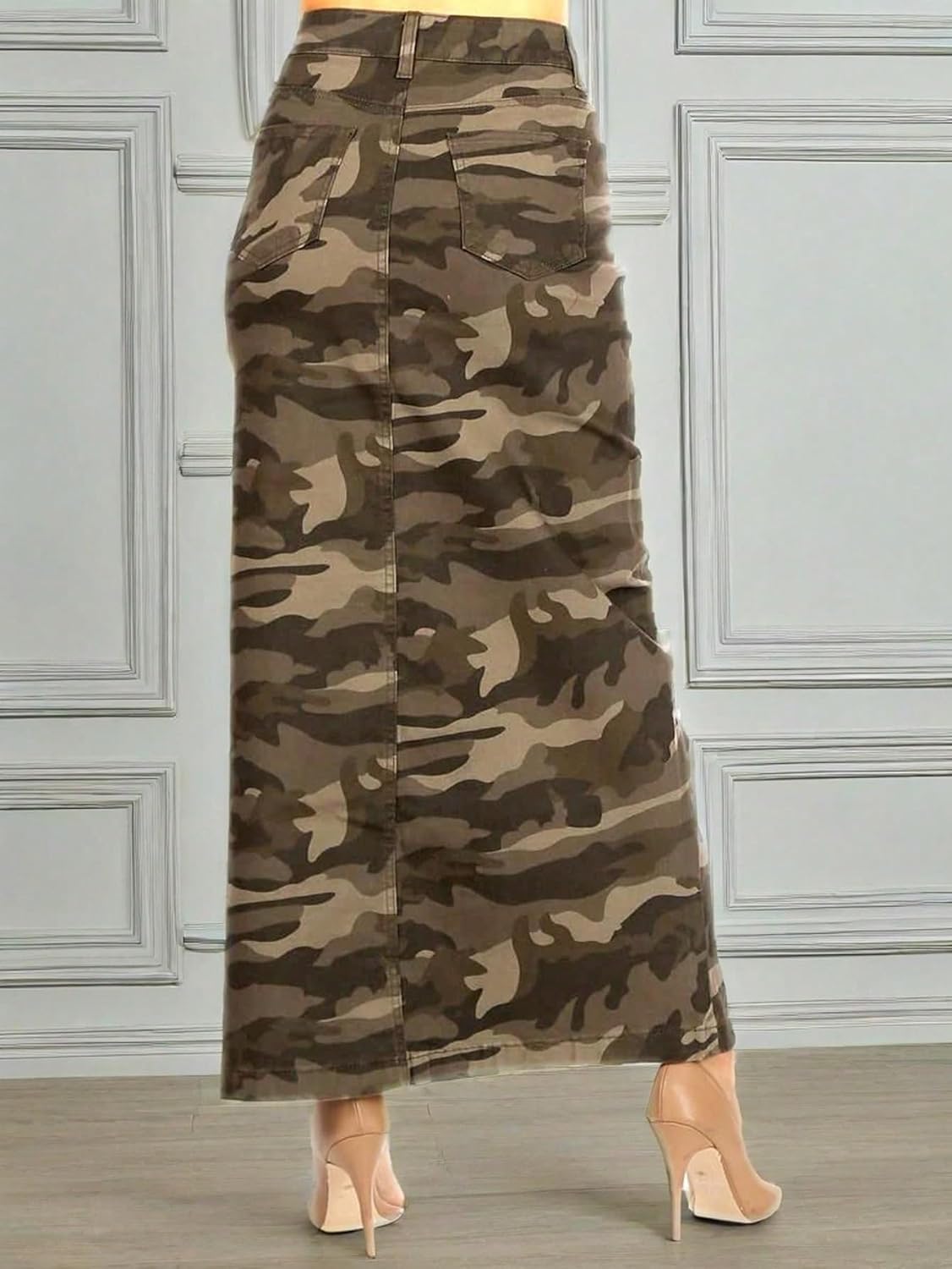 Camouflage Pencil Skirt for Women Ankle-Length Maxi Skirt High Waist Casual Jean Skirts Y2K Button Denim Skirt with Pockets