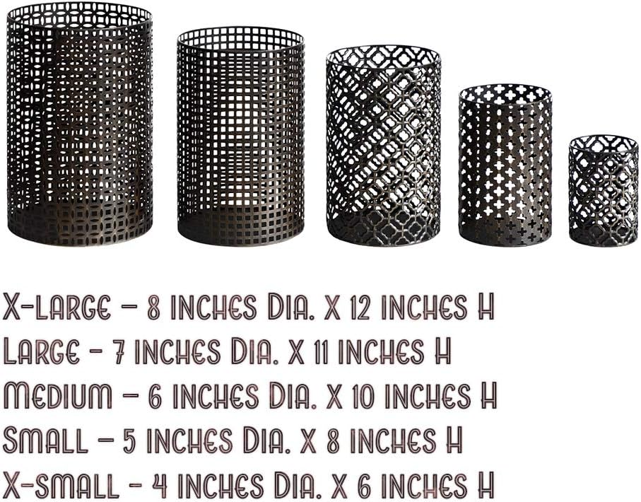DQ Home Decor Set of 5 Large Cylindrical Metal Candle Holders Bronze Hurricane Pillar Candleholder Rustic Table Candlestick Holders Great Centerpiece for Home Decor: Kitchen & Dining