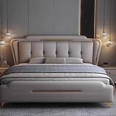 Modern King Size Genuine Leather Bed Set Upholstered Platform Bed Frame with Headboard and Lift Up Storage Wooden