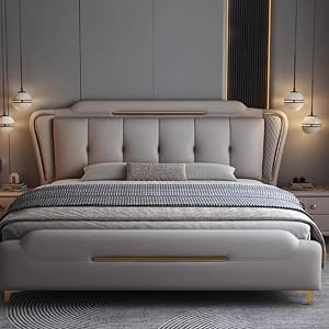 Modern King Size Genuine Leather Bed Set Upholstered Platform Bed Frame with Headboard and Lift Up Storage Wooden