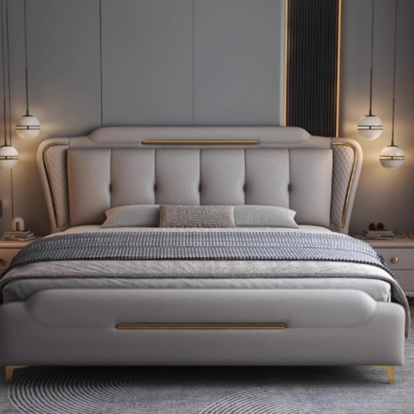 Modern King Size Genuine Leather Bed Set Upholstered Platform Bed Frame with Headboard and Lift Up Storage Wooden