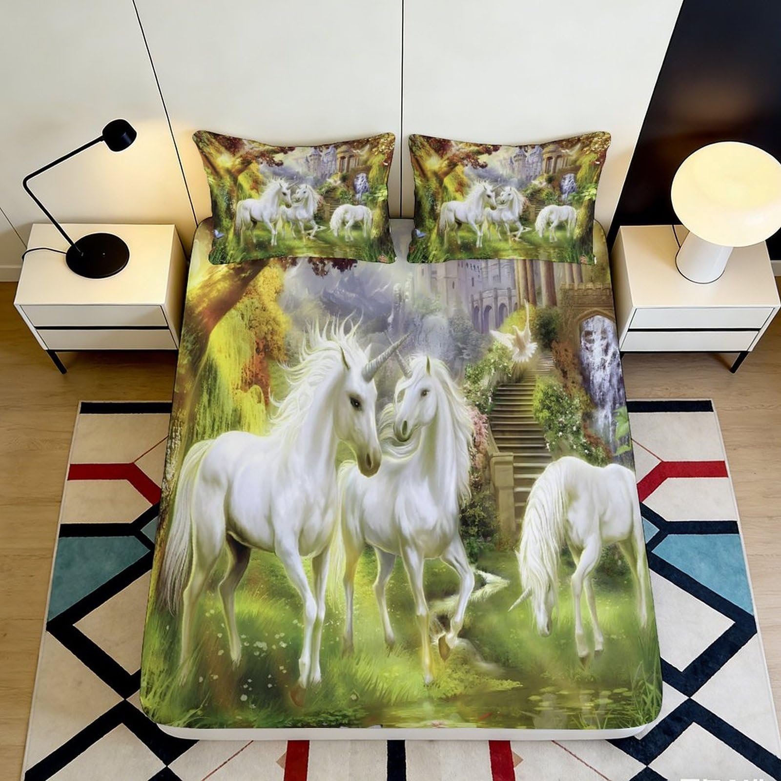 3D Printed Fantasy Unicorn Forest Fitted Sheet Microfiber Anti-Slip Mattress Cover for Bedroom Dorm Decor 120x200cm 160x200x25cm