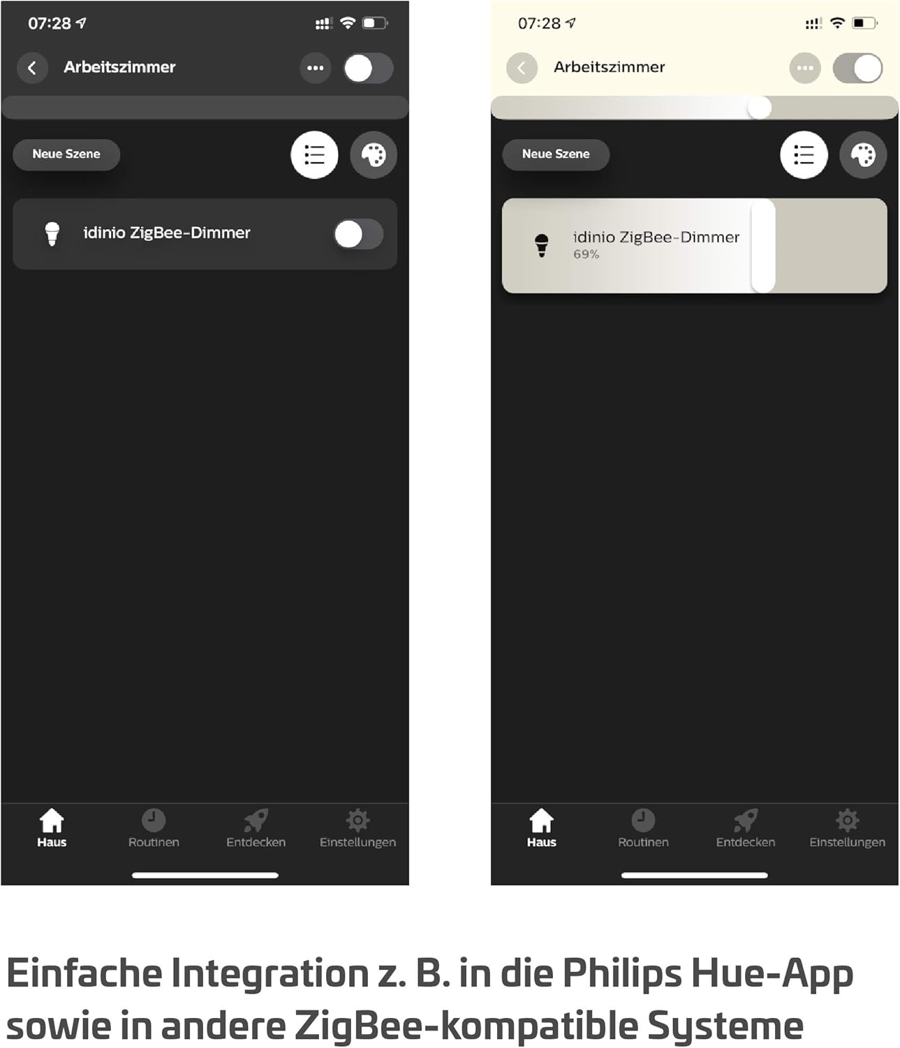 Screenshot of a mobile app showing the idinio ZigBee Dimmer integrated into a smart home system, with controls for on/off and dimming