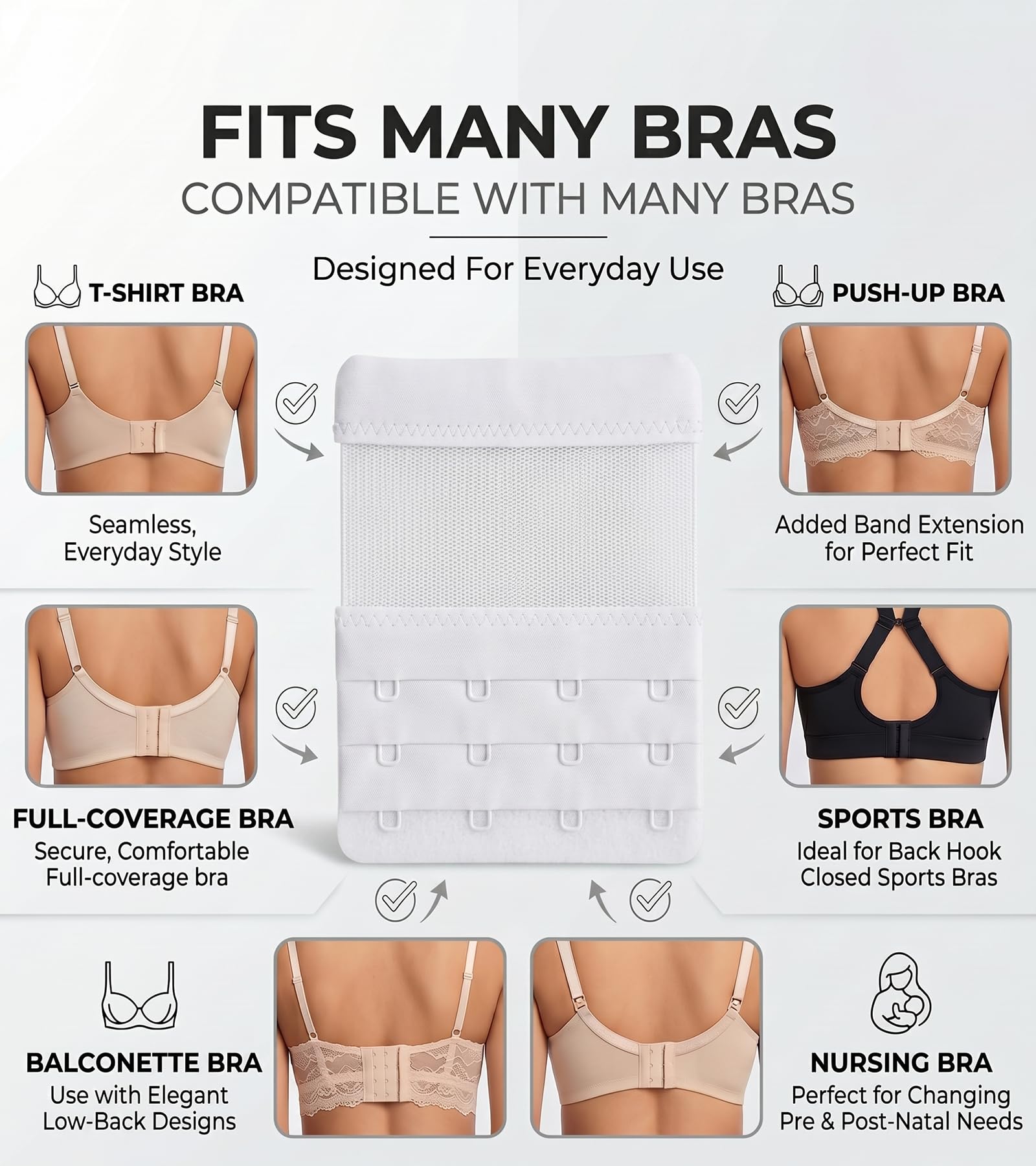 DClub Extensor de brasier con 2 ganchos, elástico, suave y cómodo, extensor de correa de brasier para mujeres en embarazo o aumento de peso., blanco, 3 PIECES