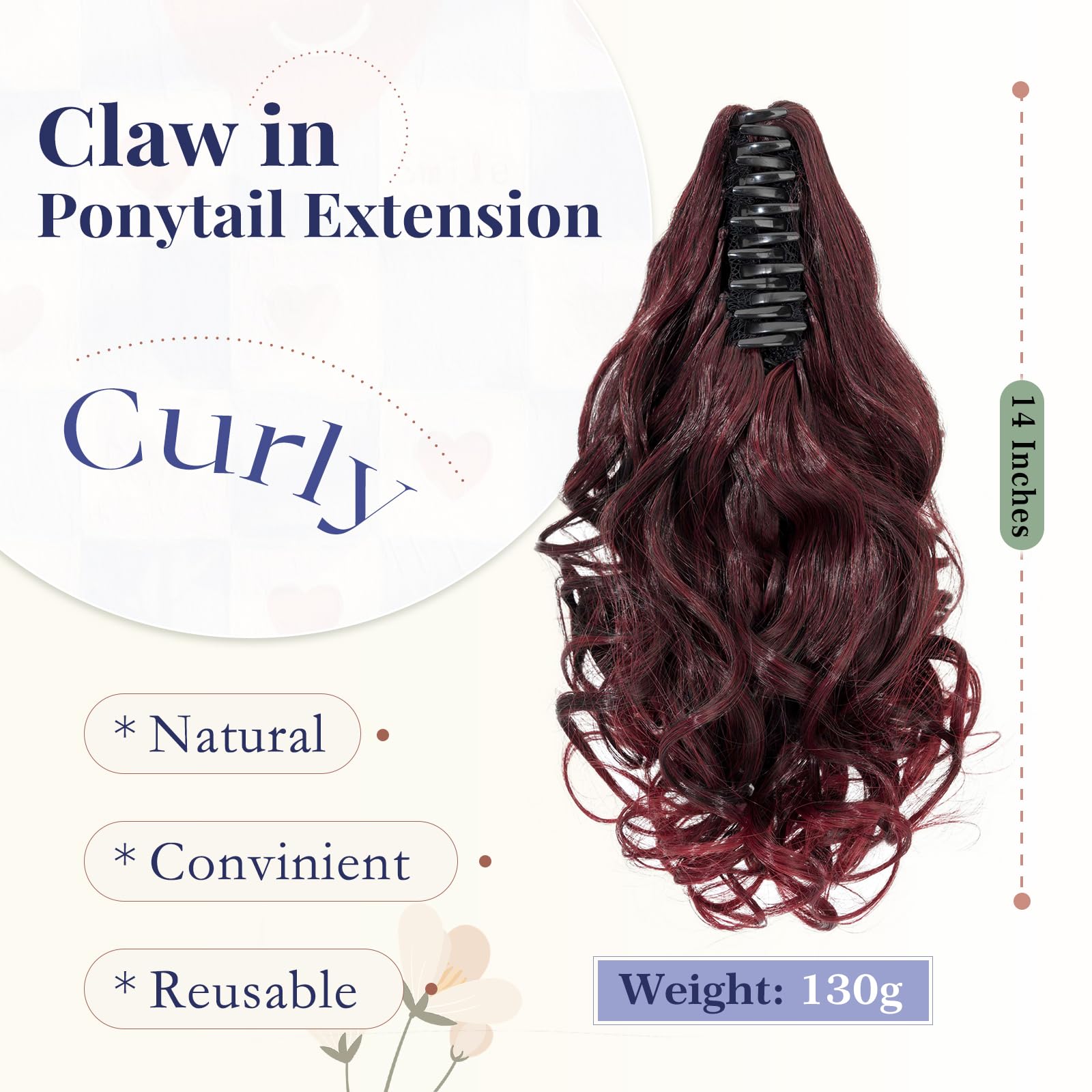 TESS Claw On Ponytail Extension Matte Material 14 Inch/37cm Curly Wavy Clip In Pony tail Synthetic Hairpiece, Burgundy Gradient - Image 2