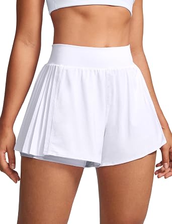 INGIA Womens 2 in 1 Flowy Athletic Shorts Pleated Skort Flared A-Line with Pockets 4" Built in Shorts for Tennis Running