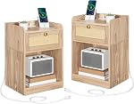 CHOEZON Nightstands with Charging Station, Boho End Table, Rattan Nightstand, Bedside Table with Drawer and Storage Shelf, Modern Night Stand with 2 USB Ports, for Bedroom, Natural MBZ01UWO