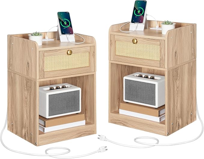 Rattan Nightstands Set of 2 with Charging Station, Boho Nightstand, Rattan Bedside Tables with Drawer, Storage Side Table with 2 USB Ports, Bedroom, Natural MBZ01UP2WO