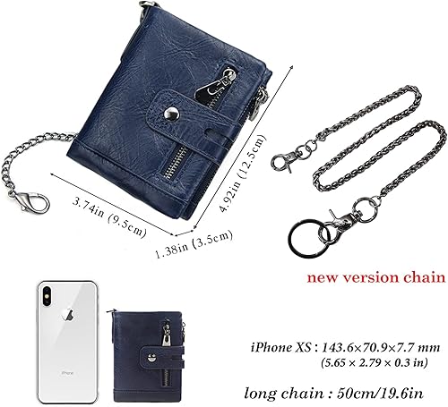 Miniatura 2 de boshiho Billeteras plegables de cuero real con bloqueo RFID para hombre, doble cremallera, bolsillo con cadena antirrobo