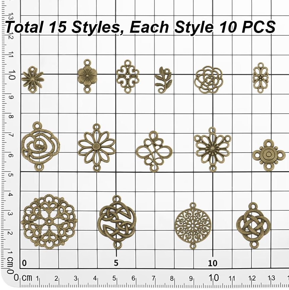 PH PandaHall 150PCS Flower Connector Charms - 15 Styles, Antique Bronze, Alloy, Universal, Unisex, Valentine's Day, Nature Themed, Jewelry Making Charm Pendants - Image 2