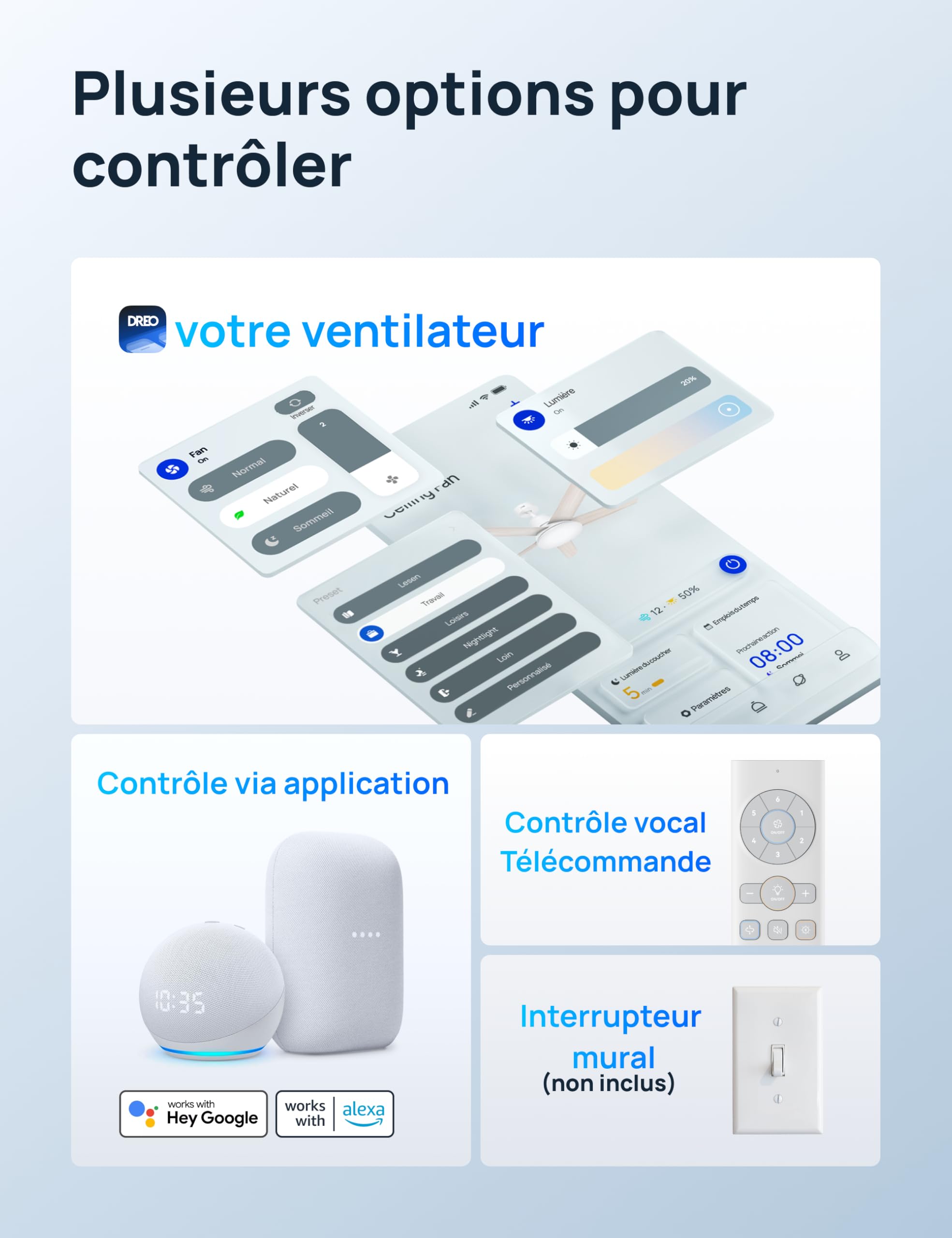 DREO ventilateur de plafond intelligent 132cm LED dimmable 12 vitesses moteur DC silencieux télécommande APP Alexa blanc