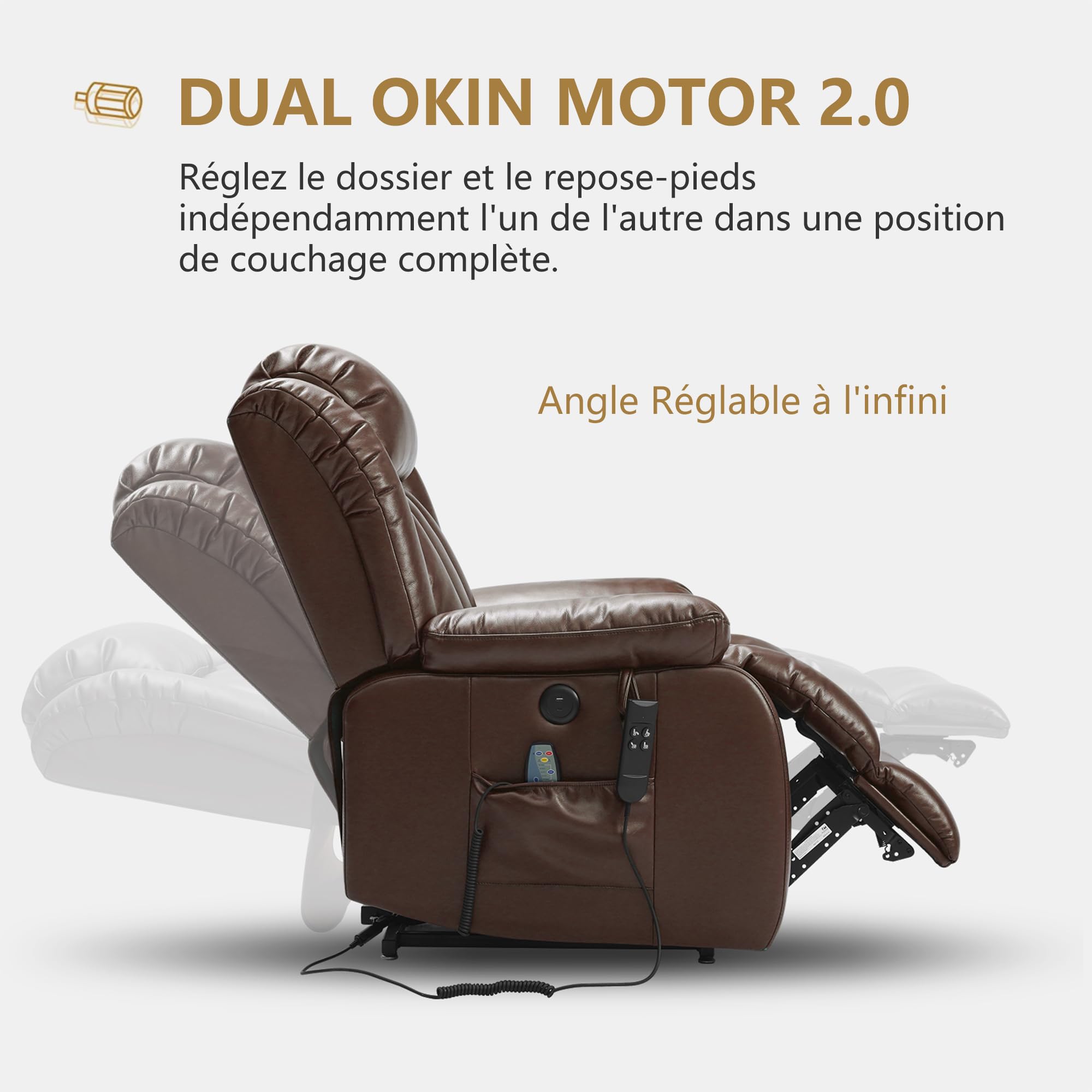 DUANDUAN Fauteuil releveur inclinable à Position allongée Infinie pour Adultes, Fauteuil électrique à Double Moteur pour Personnes âgées avec Massage et Chauffage (Brown)