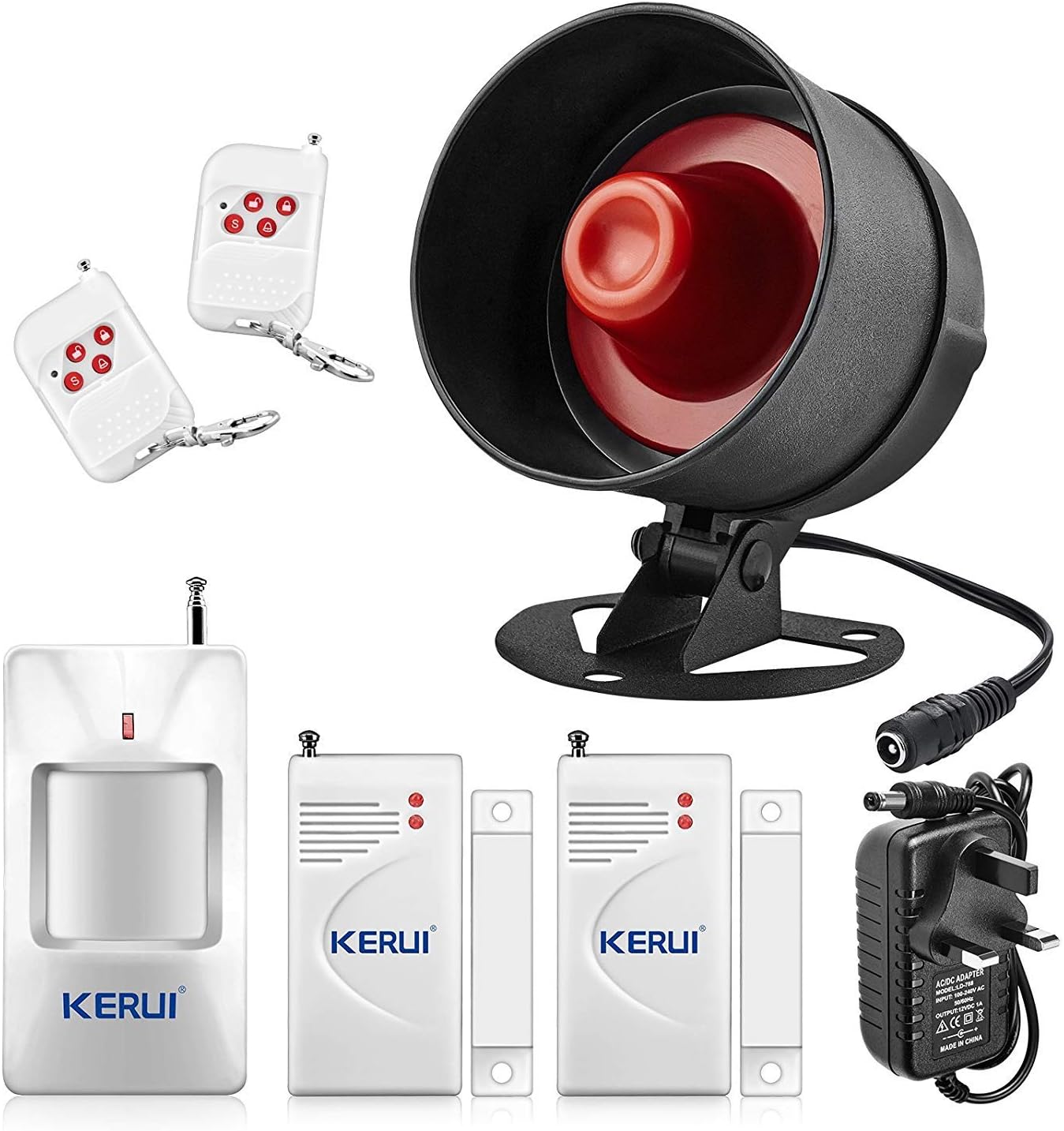 KERUI Wireless Security Burglar Door Alarm System Kit for Garage Shed House Hotel Shop Apartment, Weatherproof Siren Horn with Remote Control Door Contact Sensor,Motion Sensor,Loud Up to 115db