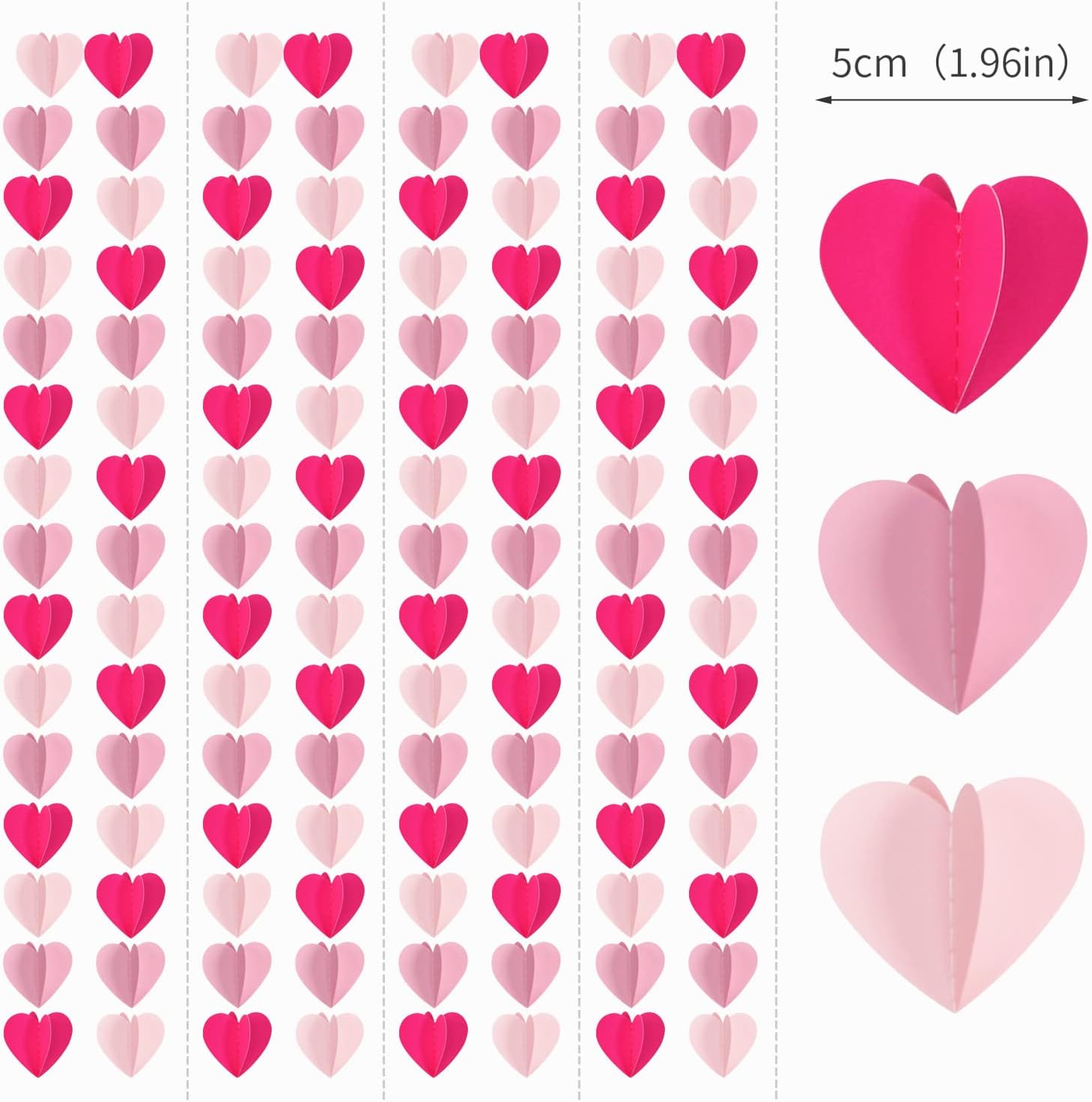 Rose Hot-Pink Party-Decorations 3D-Heart Garland - 39Ft Galentines Valentines Day Girl Birthday Flamingo Baby Shower Hanging Paper Streamers Banner,Engagement Wedding Bachelorette Decor Ouruola - Image 2