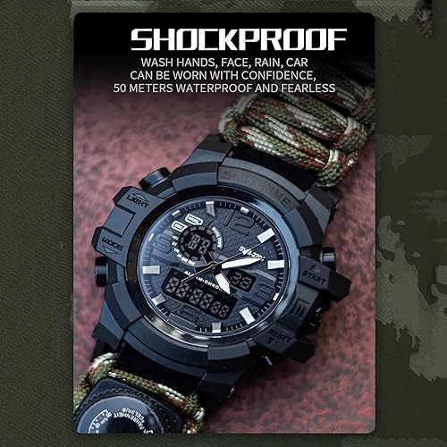 Miniatura 2 de Reloj táctico de supervivencia 23 en 1 para hombre, multifuncional, resistente al agua, para exteriores, pulsera ajustable con brújula de paracaídas