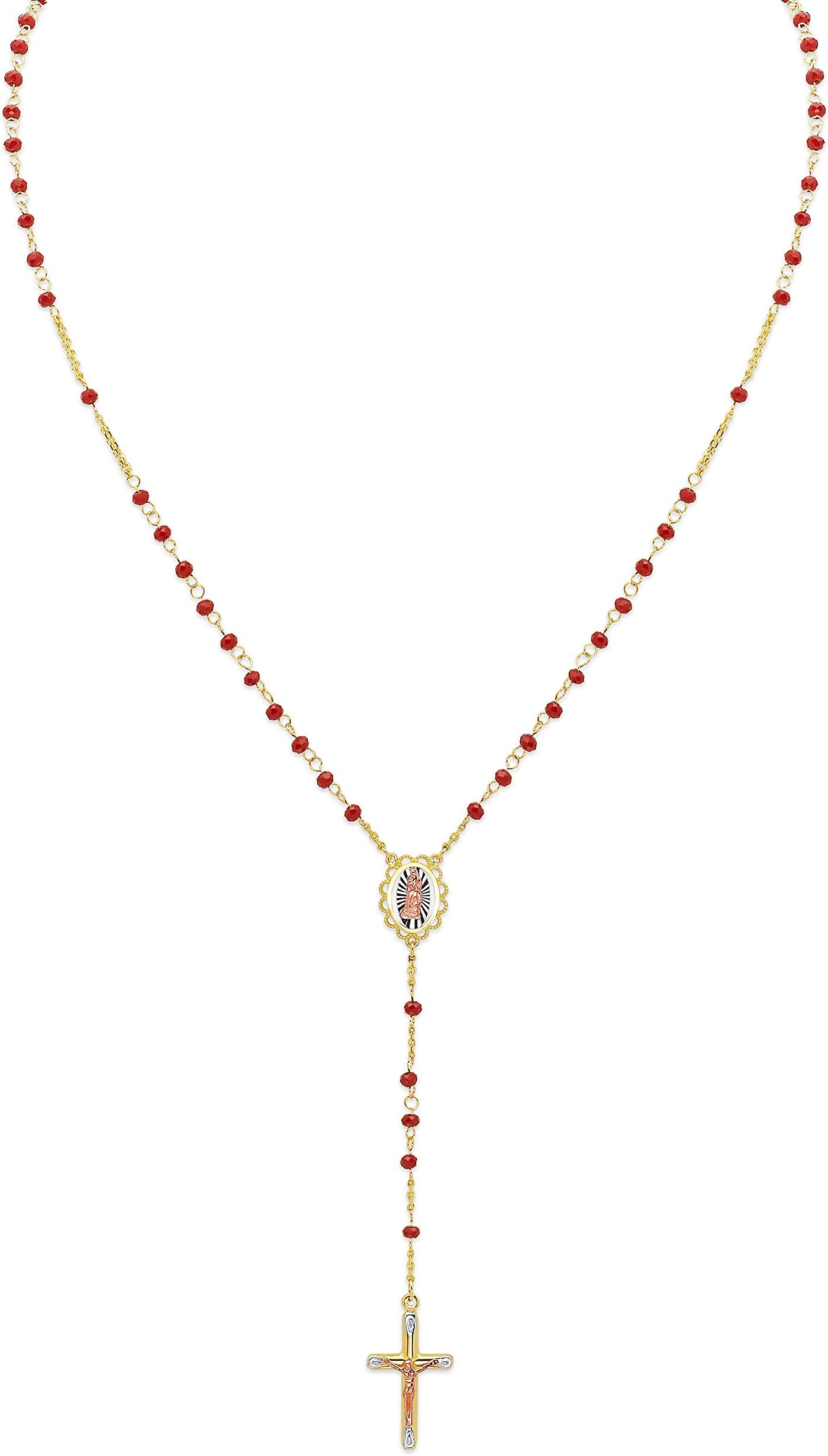 14k 3 Tri Color White Yellow and Rose Gold Polished Gem Stone Rosario/Rosary Necklace - 18"