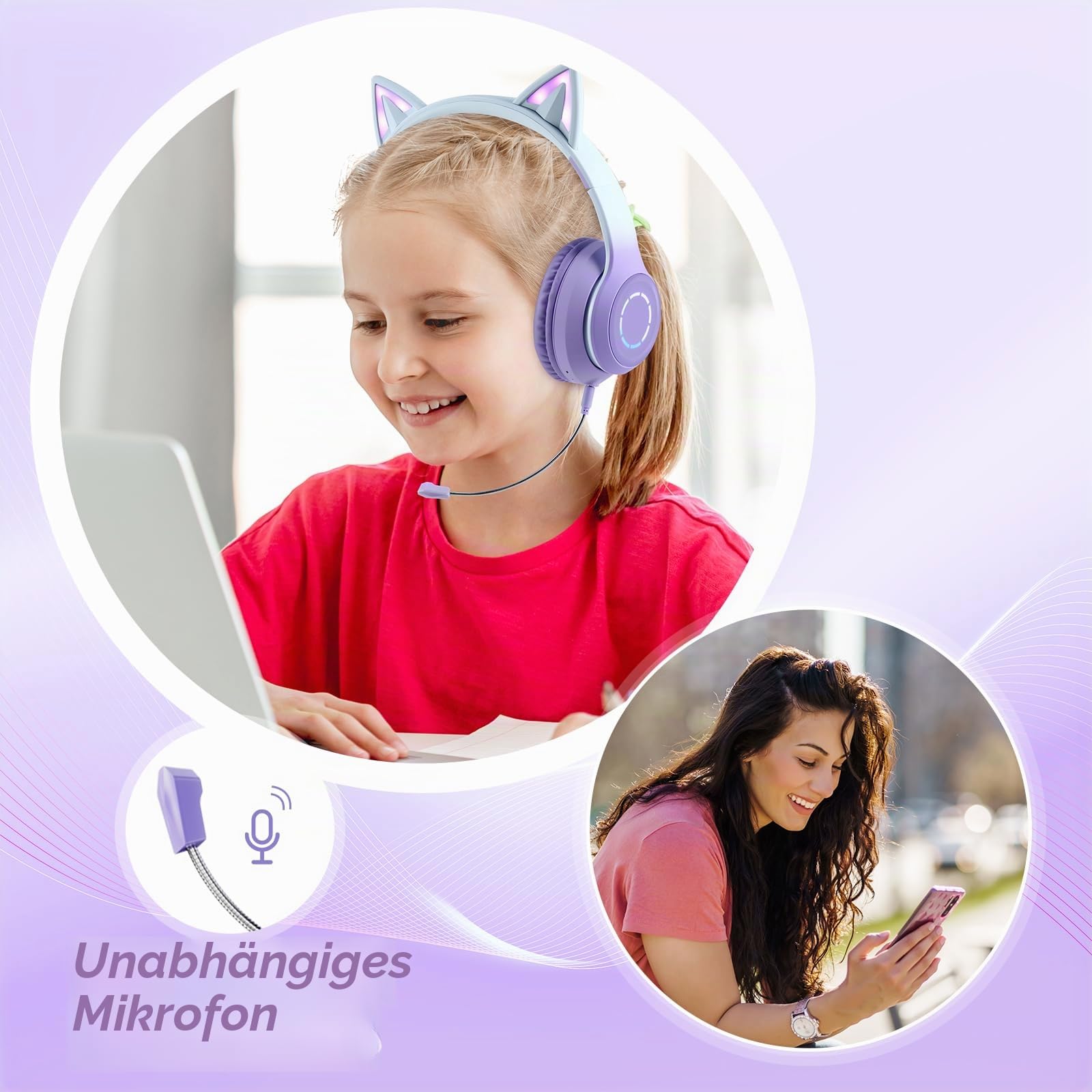Sendowtek Kinder Kopfhörer, Mädchen Bluetooth Kopfhörer Over Ear Katze Kinderkopfhörer mit Abnehmbarem Mikrofon LED Licht, Faltbare Kabellos Kopfhörer für Kinder Erwachsene Schule/Tablet/PC/Phone