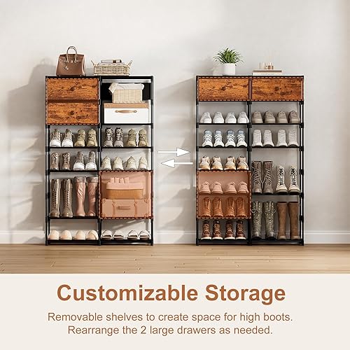 Miniatura 7 de Zapatero alto, organizador de zapatos de 8 niveles con 2 cajones grandes, almacenamiento de zapatos para 28-32 pares, estante de zapatos de metal