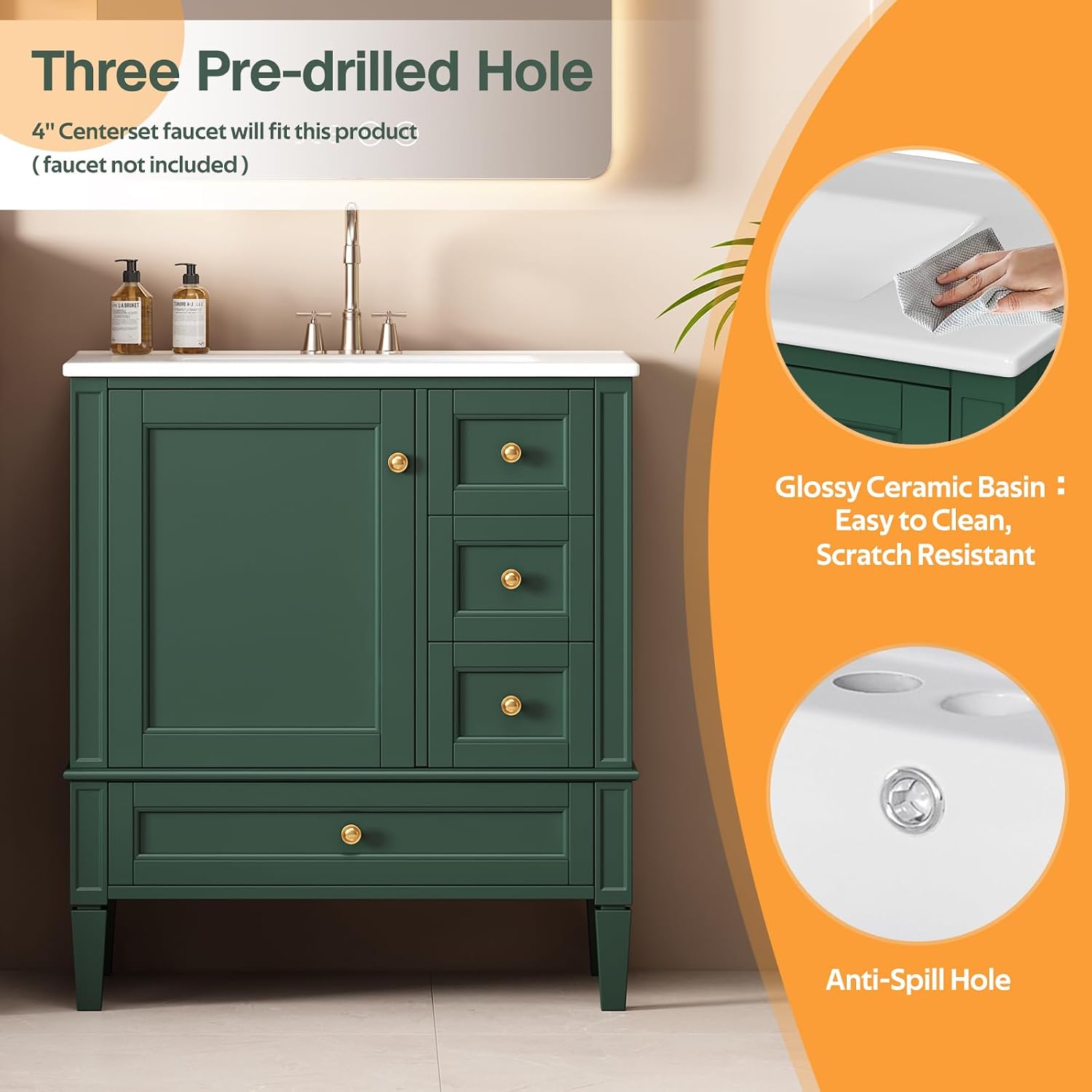 Close-up of the ceramic basin with three pre-drilled faucet holes and an anti-spill hole.