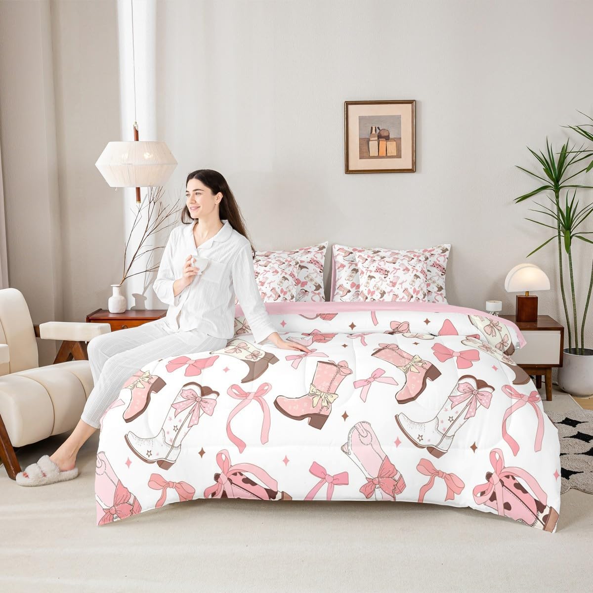 Pink Bow Comforter Set With Sheets Full Size,Kids Boys Girls Cute Bow Knot 7 Piece Bedding Set for Western Cowgirls Bed In A Bag,Dreamy Pink Sheet Set With Fitted Sheet,Pillowcases & Pillow Covers