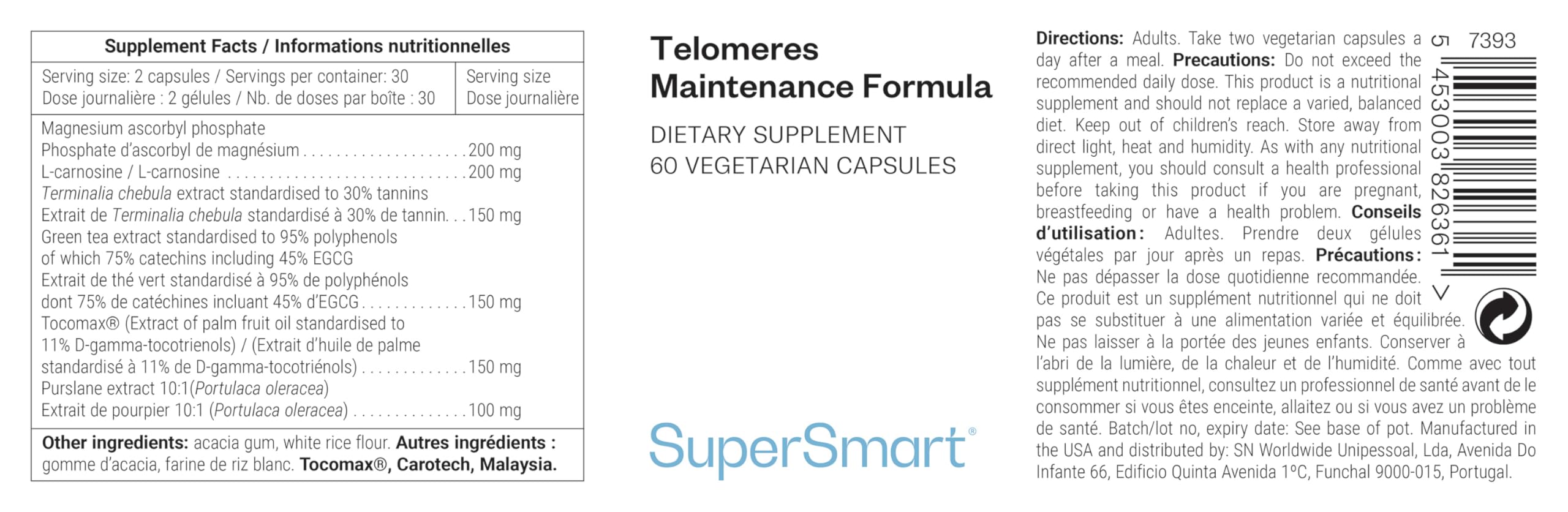 Telomeres Maintenance Formula - 60 Capsules Végétariennes - SuperSmart | Contient des Antioxydants Naturels Puissants (Catéchines de Thé Vert, Carnosine, Gamma-Tocotriénols) - Sans OGM