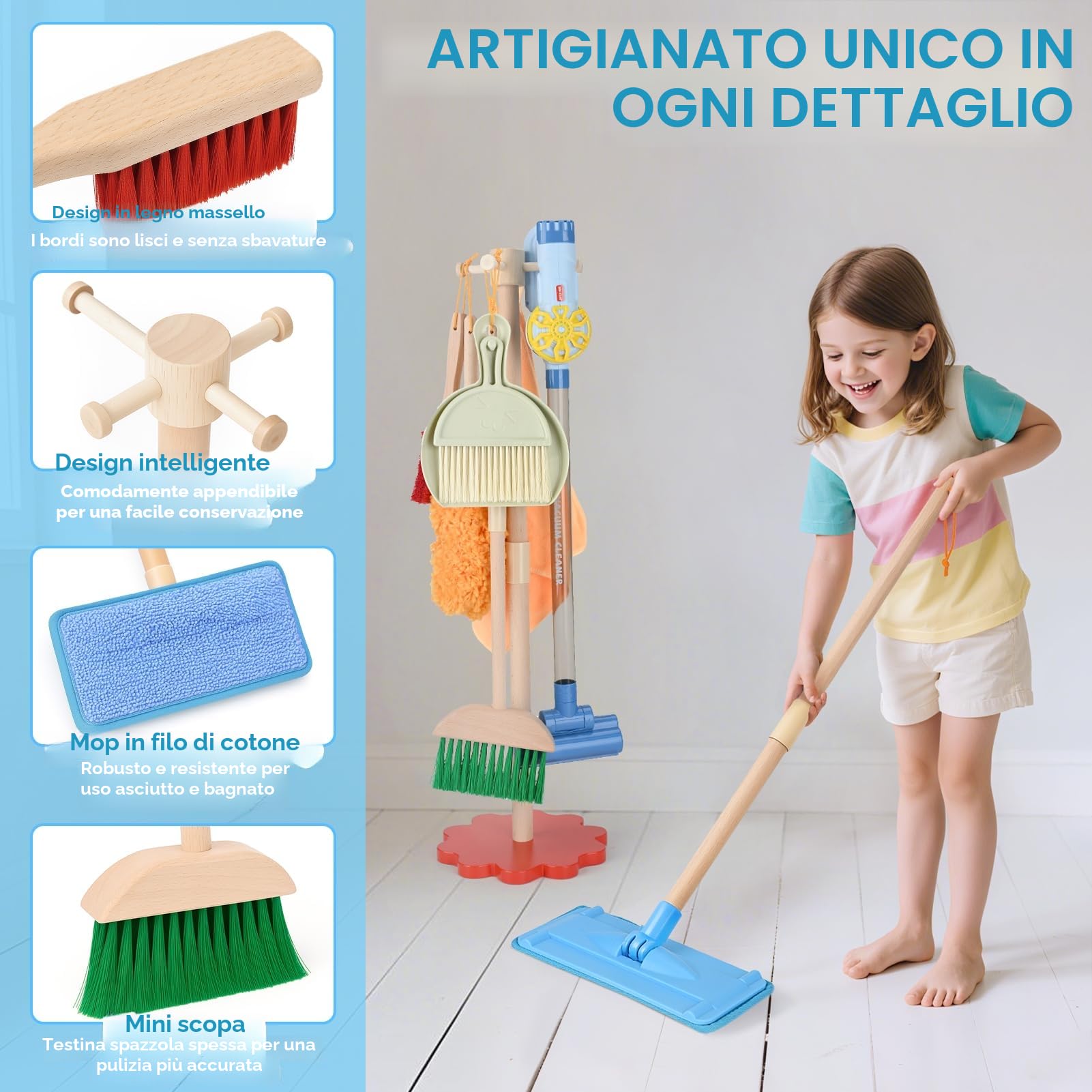 Dreamon Aspirapolvere per Bambini con Aspirazione e Funzione Audio, Set di 11 Accessori per Pulizia, Giocattolo in Legno per Bambini dai 3 Anni in Su