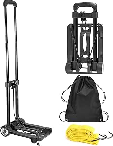 ZOENHOU 25KG 55Lbs Black Folding Hand Truck and Dolly, Solid Construction Utility Cart, 2 Wheels Luggage Trolley with 1 Roll Bungee Cord and 1 Pack Storage Pouch Compact, for Backpack, Travel, Office