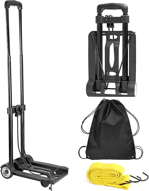ZOENHOU 25KG 55Lbs Camion à main pliant noir et dolly, chariot de construction solide, 2 Chariot à bagages avec roues 1 Cordon et 1 Poche de rangement de paquet Compact, pour sac à dos, Voyage, Bureau