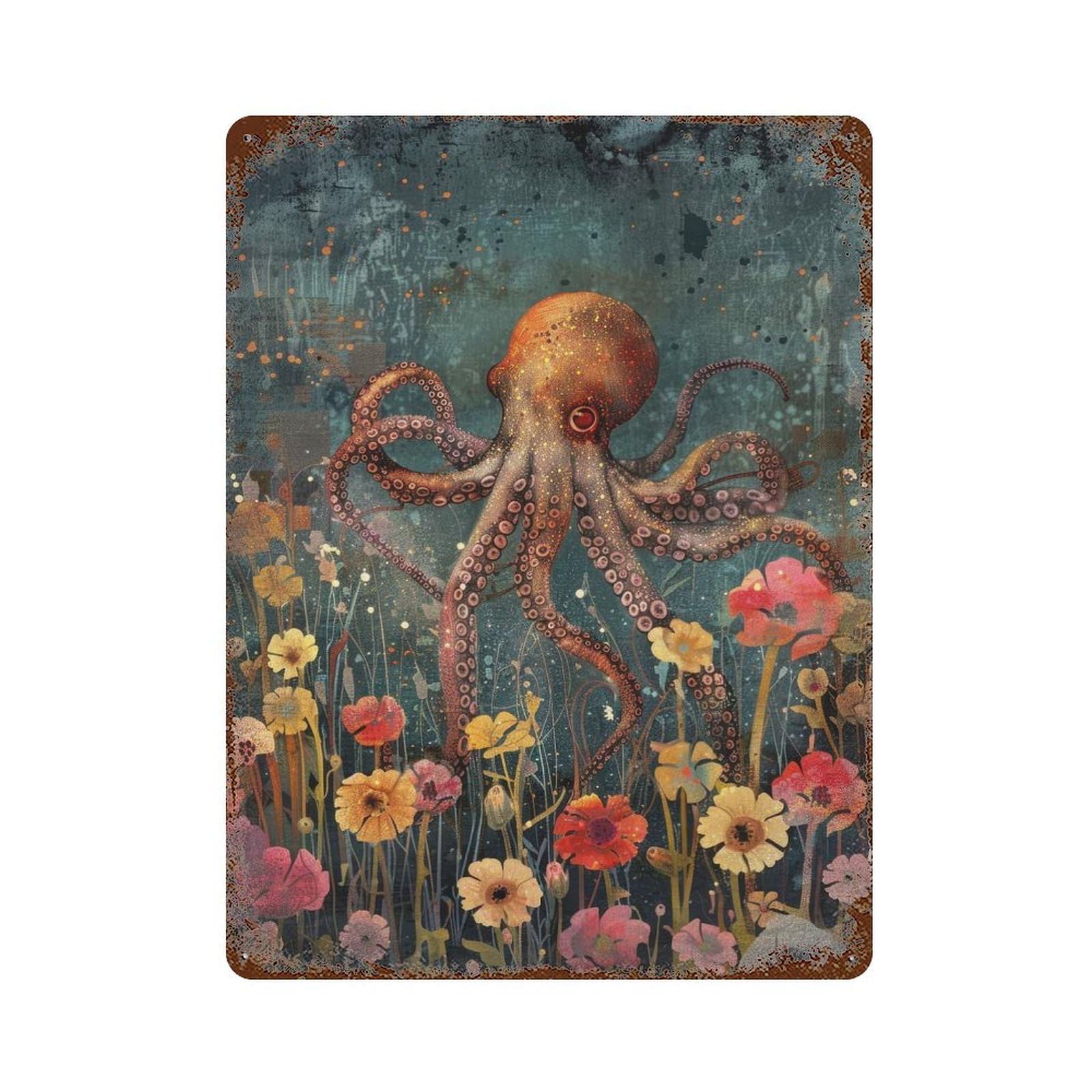 Garage Style Floral Octopus Aged Metal Wall Plaque 15.7"x11.8", Decorative Metal Wall Art for Bar And Workshop