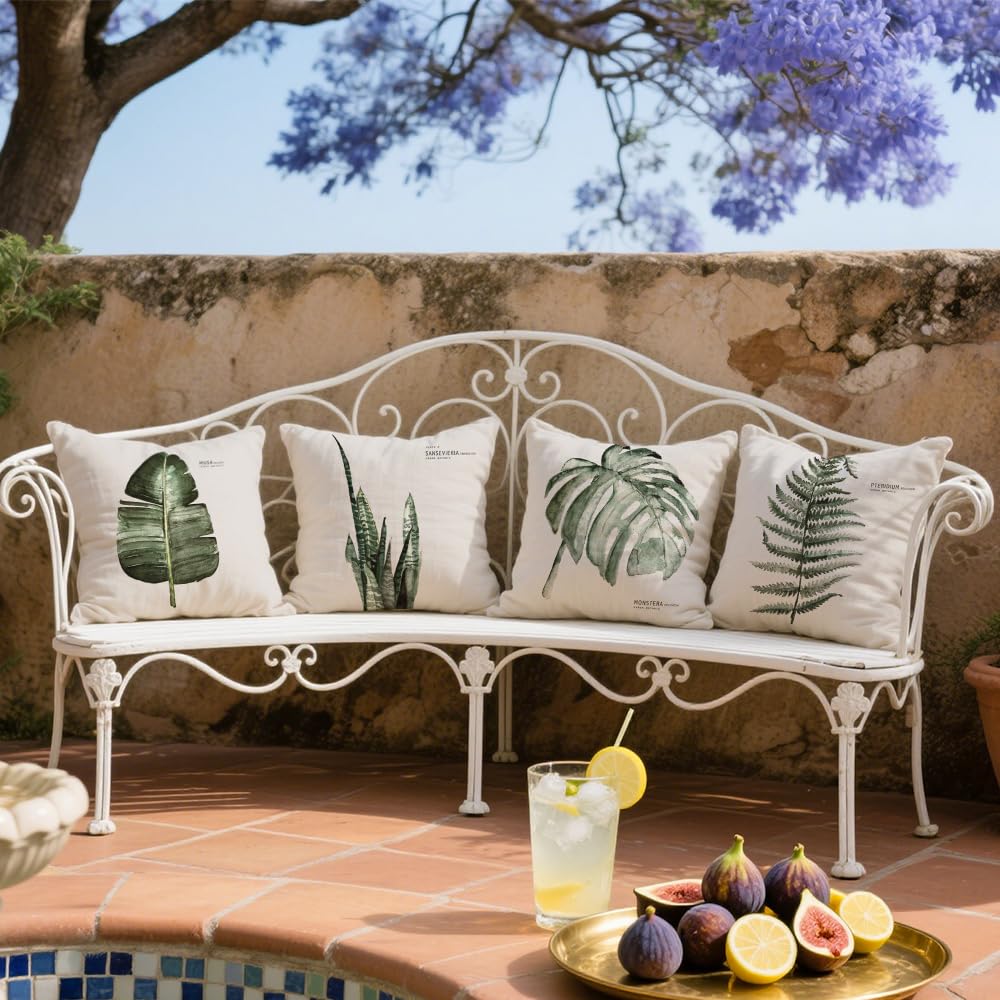 Kissenbezug 45x45 4er Set Outdoor Kissen Wetterfest Leinen, Boho Deko für Deko Wohnzimmer, Garten, Balkon