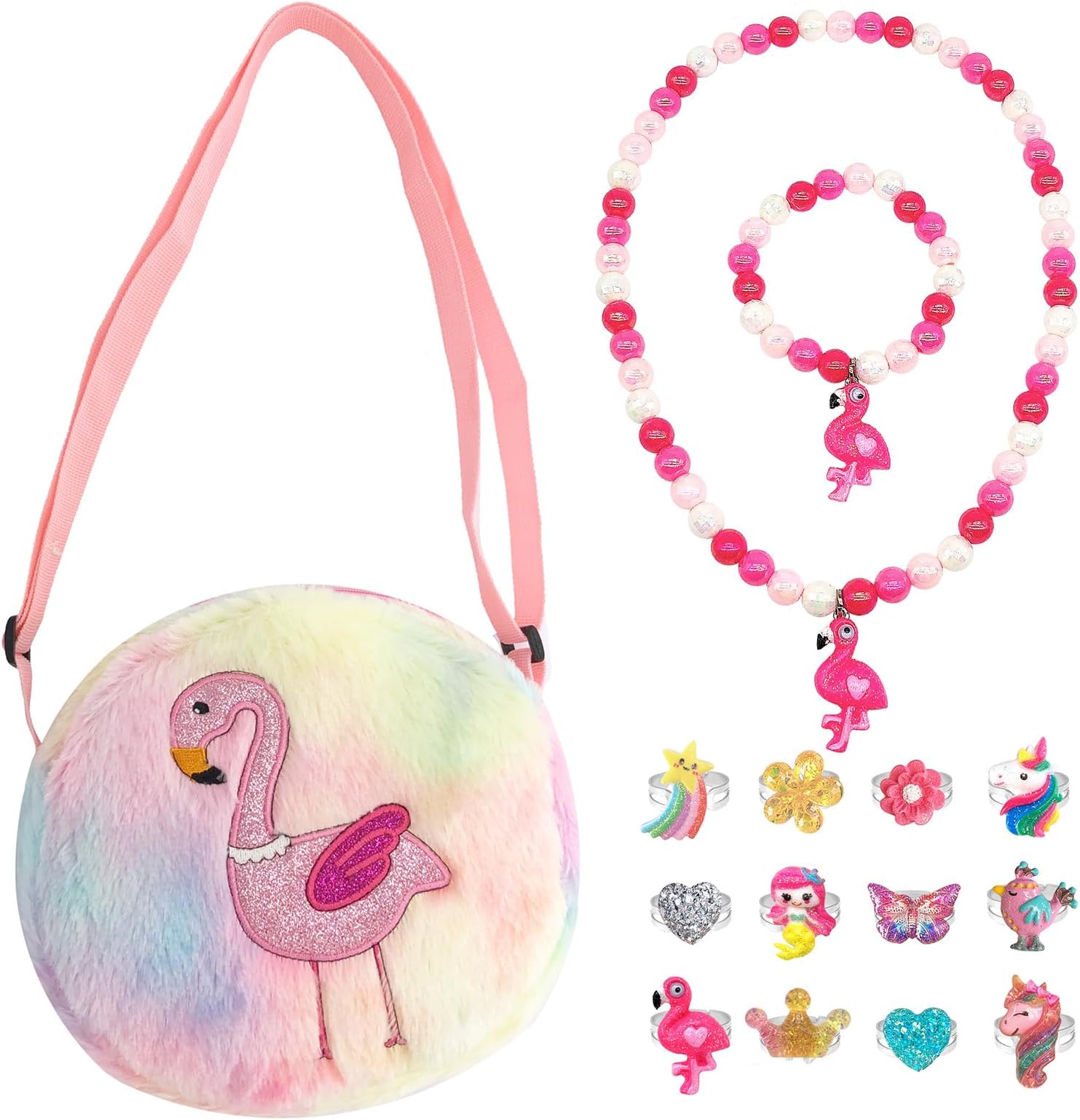Elesa Miracle Little Girl Plush Purse Handbag Kids Necklace Pretend Play Toy Playset Jewelry Crossbody Purse for Children Toddler Baby Girls, Flamingo