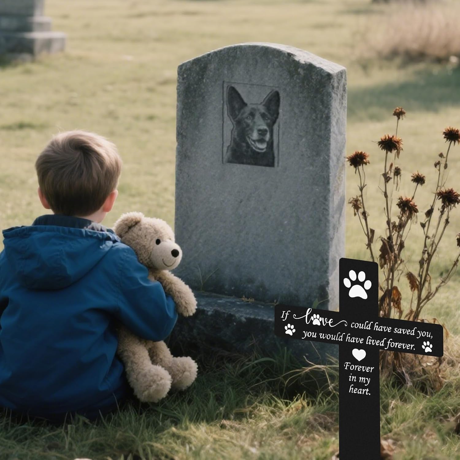 Pet Grave Marker Memorial Stake, Waterproof Metal Pet Loss Memorial Plaque, Outdoor Garden Cemetery Decor for Dog Cat, Black Sympathy Garden Stake