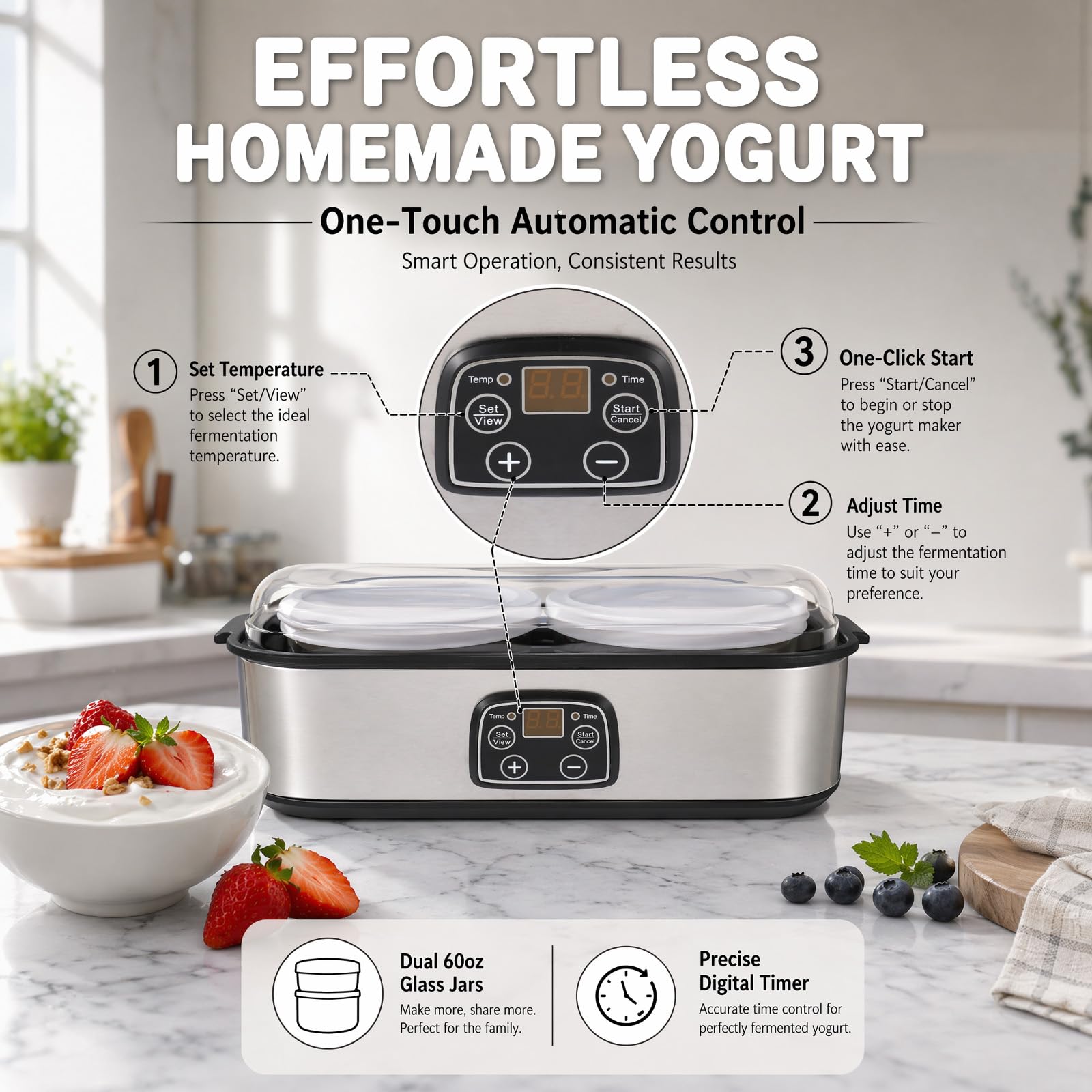 Joghurtbereiter 25W mit 2 Gläsern, Automatischer Joghurtbereiter mit einstellbarer Temperatur- und Zeiteinstellung, Elektrischer Milchfermenter für Joghurt, Pudding & Smoothie