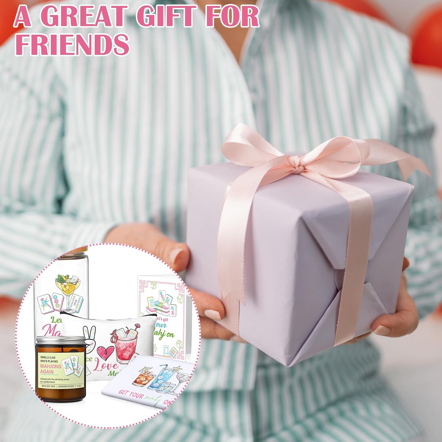 LemonRoad 5 Pcs Mahjong Gifts for Women Mahjong Party Gifts Set Included Scented Candle Cocktail Towel Makeup Bag Glass Cup for Mah Jong Lover Mom Game Night Party Supplies