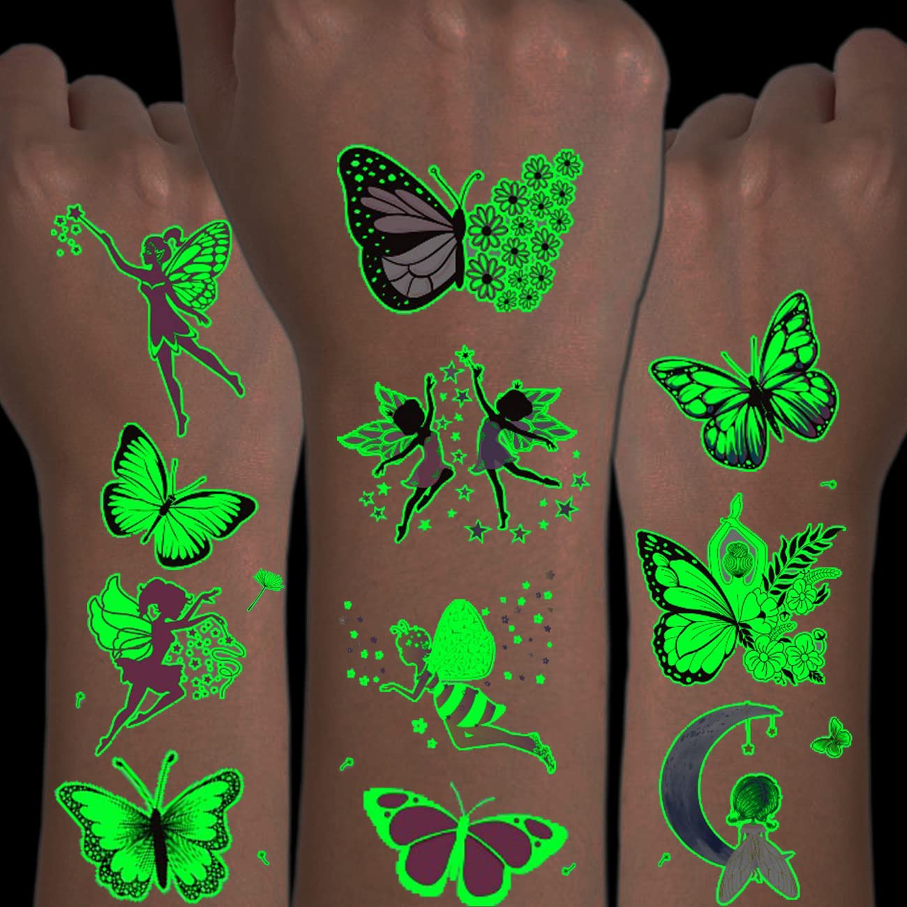 CHARLENT Luminous Butterfly Tattoos for Kids - 14 Sheets Glow in The Dark Butterfly Fairy Temporary Tattoos for Girls Birthday Party Favors Goodie Bag Fillers 110 PCS