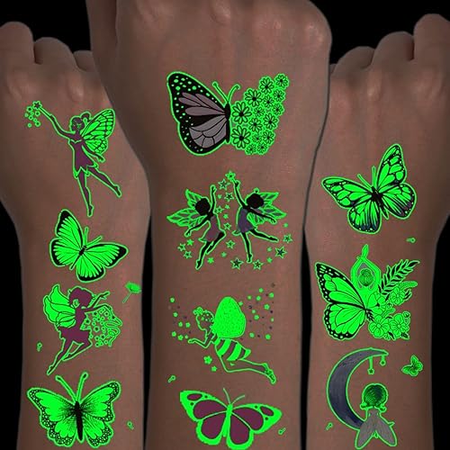 Tatuajes de mariposa luminosos para niños, 14 hojas que brillan en la oscuridad, tatuajes temporales de hadas de mariposa para niñas, regalos de