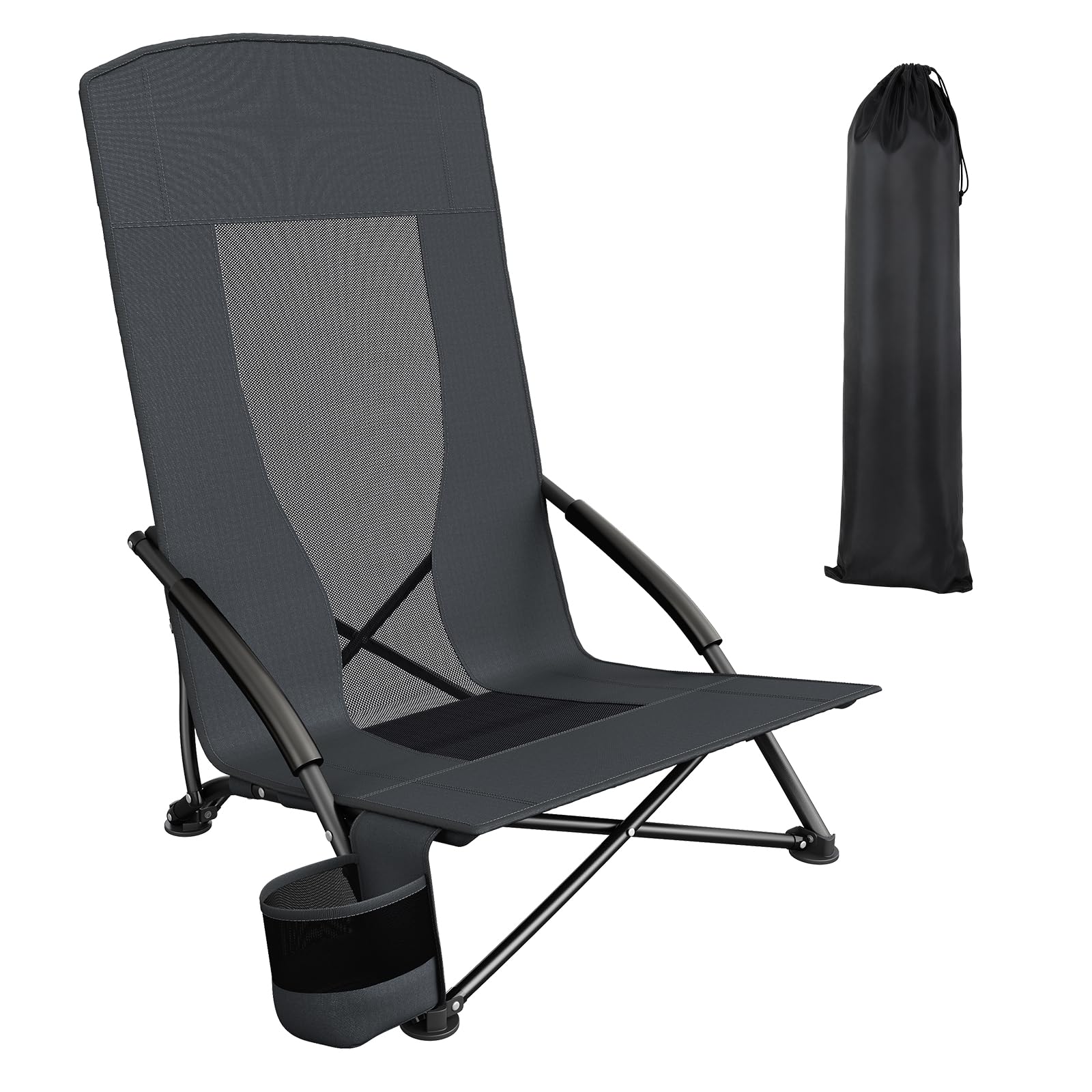 LIFERUN Strandstuhl Klappbar 1er Set, Hoher Rücken Campingstuhl, niedriger Strandstuhl mit Tragetasche, Getränkehalter, Atmungsaktives Netzgewebe, für Outdoor, Camping, StrandSandkonzert,Dunkelgrau