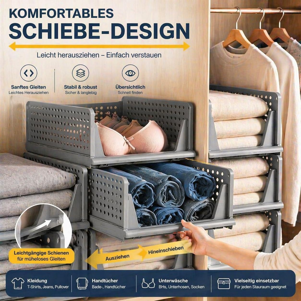 RMAN® Cassetti per Armadio Interno 4 set Organizer Armadio Plastic Contenitori per Armadio Salvaspazio per T-shirt, Biancheria Intima, Pantaloni, Calze, Grigio(40 x 30 x 68 cm)