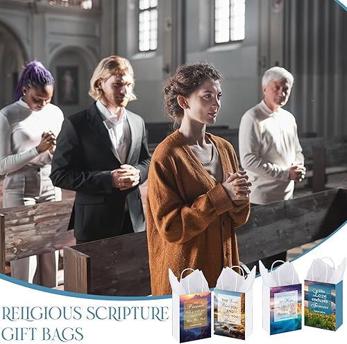 Miniatura 7 de Engrowtic 24 bolsas de regalo de papel con versículos de la Biblia con pañuelos, bolsas de regalo cristianas con escrituras inspiradoras paisajes