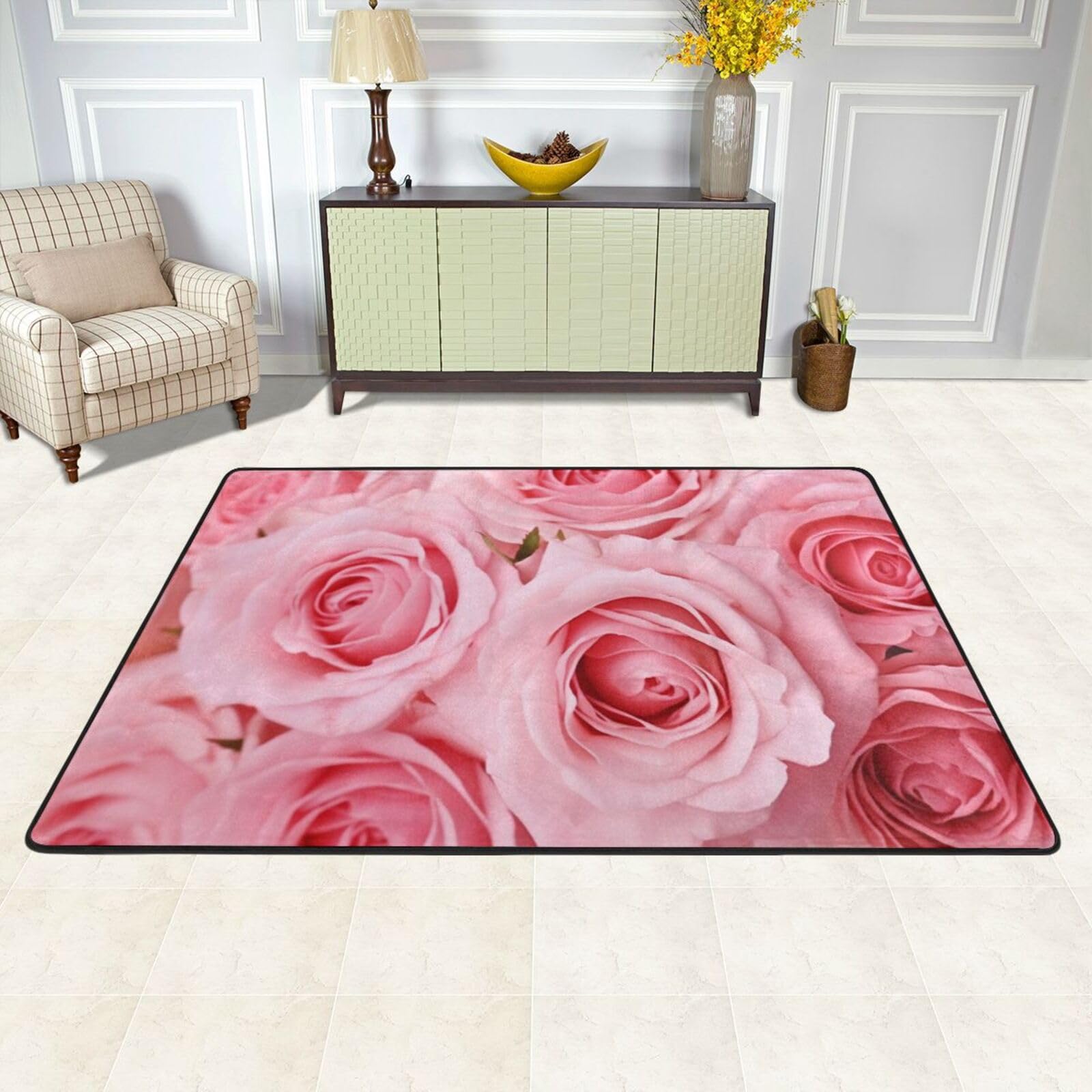 Tapis de chambre lavable grand format motif fleurs 183x122